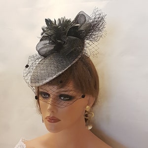 Black & Grey bird cage veil Hat fascinator fascinator Black Chenille Spotted Birdcage veil,Floral Crinoline Hat fascinator, hair accessory image 4