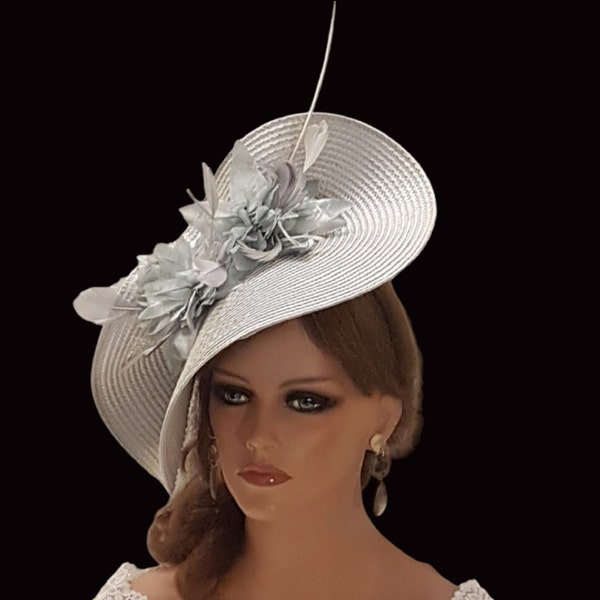 ARGENT chapeau bibi gris grande soucoupe hatinator long Quil Floral église Derby Ascot mariage thé chapeau de fête mère de la mariée/marié Hatinator