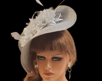 Silver Grey Fascinator Hat: Quill Feather Floral Derby  display picture 1