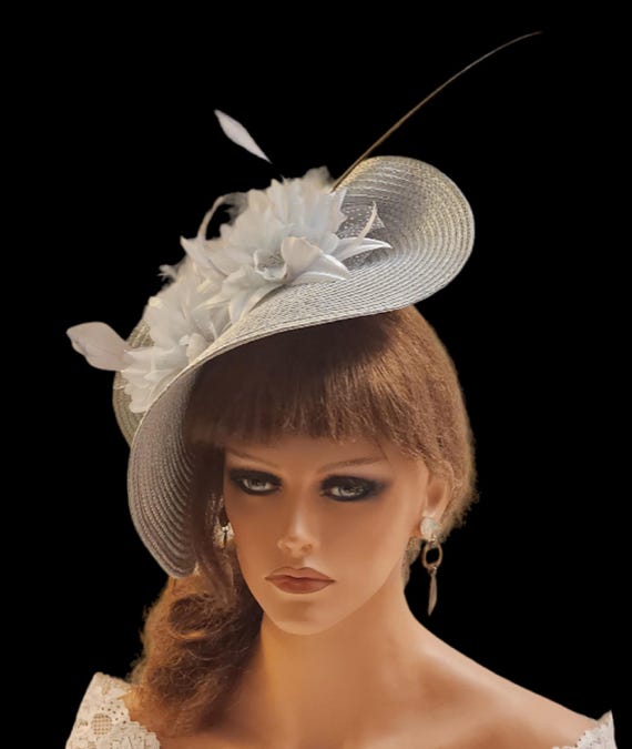 Silver Grey Fascinator Hat: Quill Feather Floral Derby  display picture 1