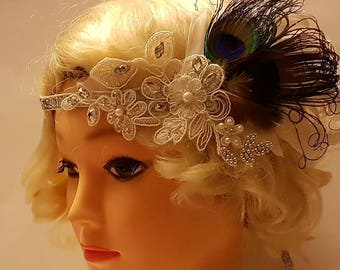 Tiara Gatsby, tiara de pena de pavão #1920s Flapper Headpiece #fascinador de casamento nupcial, cristal frisado 1920s tiara boho brilhante
