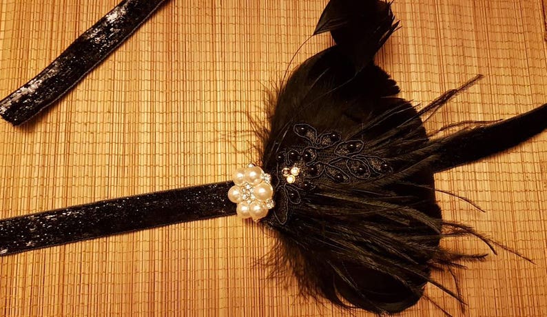 1920s Gatsby headband. black feather Fascinator, Gatsby headpiece, Bridal Bridesmaid fascinator clip, Black gatsby headband fascinator image 3