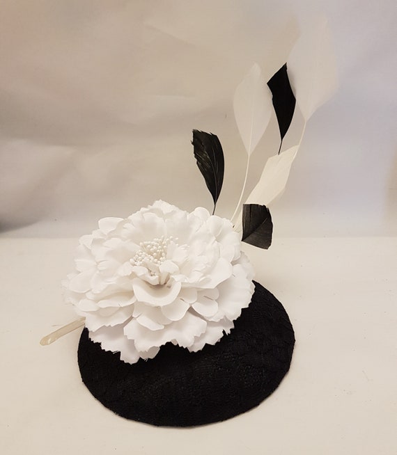 Statement White and Black Lace Floral Fascinator Headband Black Lace Fascinator Hat: White Flower & Feathers, Ascot  main image 2