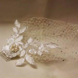 Bird cage veil Wedding bird cage veil SILVER thread lace fascinator, Silver, Black, White & Ivory French net Blusher Veil, crystal or Pearl image 2