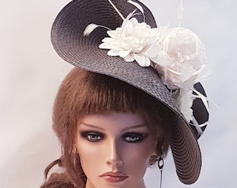 Bibi marron et ivoire grande soucoupe hatinator Quil Floral Church Derby Ascot chapeau course mariage thé chapeau de fête mère de la mariée/marié Hatinator