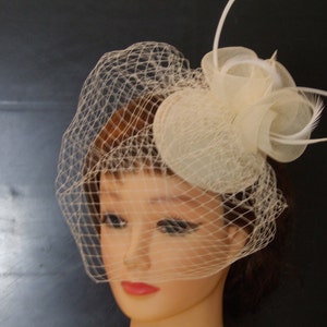 birdcage veil hat with crinolin and feather accent