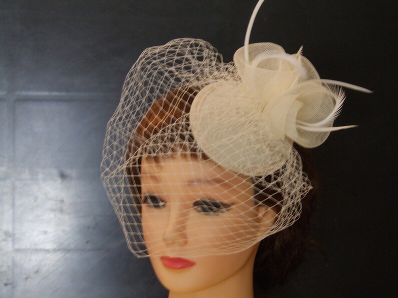birdcage veil hat with crinolin and feather accent
