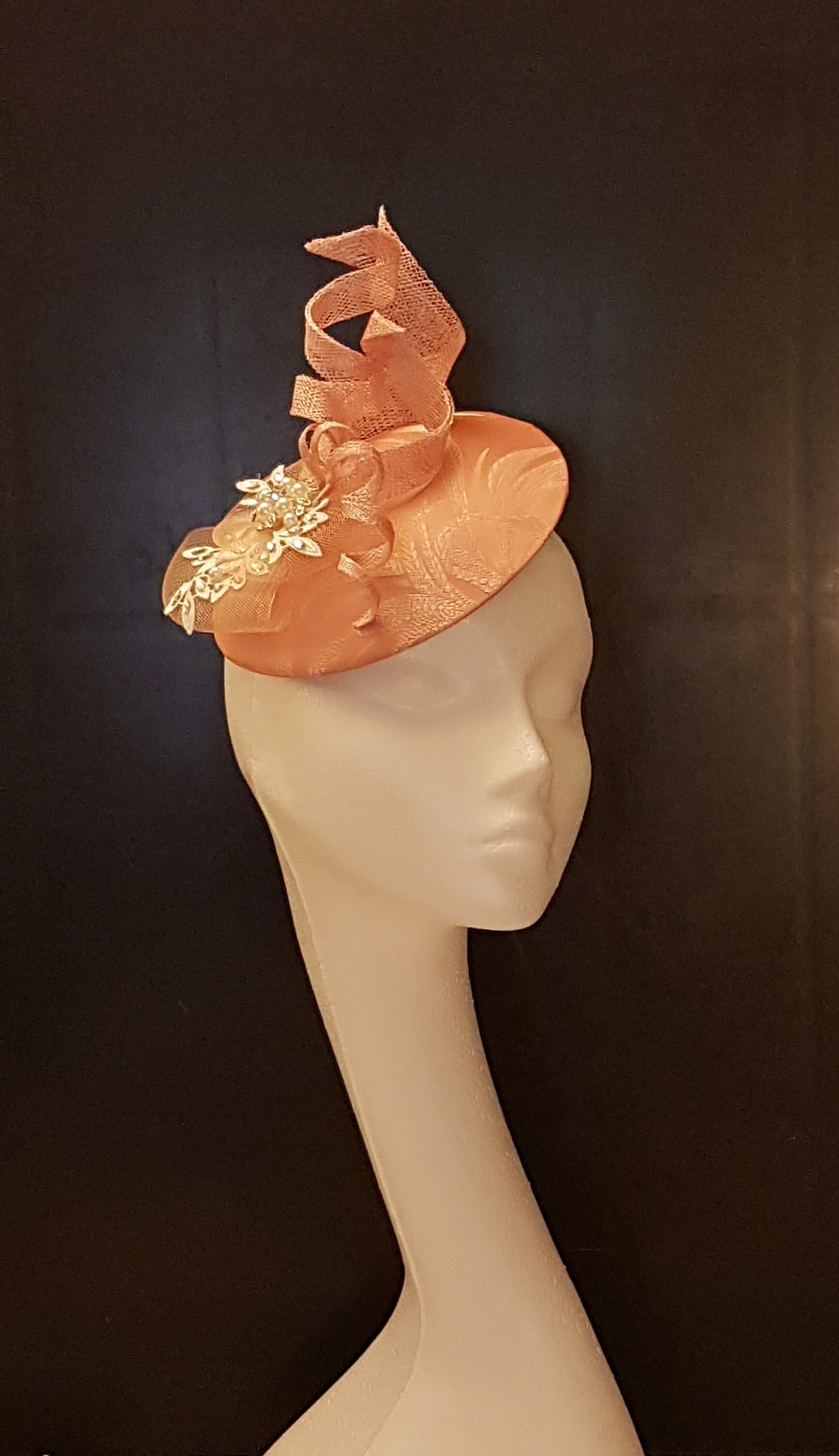 Chic Peach Fascinator 1950 Hat & Strapless  Cocktail Dress Size XS VTG 50s Womens Hat Fascinator Cocktail Peach Raffia Braided  main image 2
