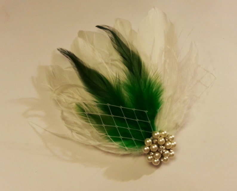 Bridal hair clip, Wedding hair accessory, Green & White feather clip,Bridal Feather Fascinator, Feather Hair Piece, Wedding Hair Accessories image 1