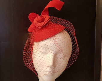 Fascinator, Red Hat Birdcage veil #RED felt ROSE  Fascinator hat Birdcage veil Ascot hat fascinator,Wedding,Cocktail, Church hat  fascinator
