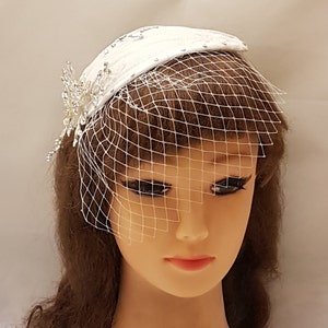 Bridal birdcage veil & hat Vintage inspired Teardrop hat fascinator BRIDAL FASCINATOR White Ivory  2Pc set Hat Fascinator bird cage veil