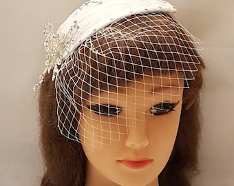 Tocado de novia con velo y sombrero estilo jaula de pájaros de inspiración vintage Tocado de novia en forma de lágrima blanco marfil, conjunto de 2 piezas Tocado de novia con velo y sombrero estilo jaula de pájaros