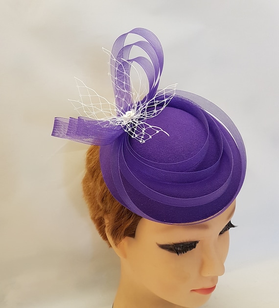 Purple Satin Ladies Fascinator with Gold Accents Purple Satin Feather Fascinator Hat - Wedding, Ladies Day  main image 4