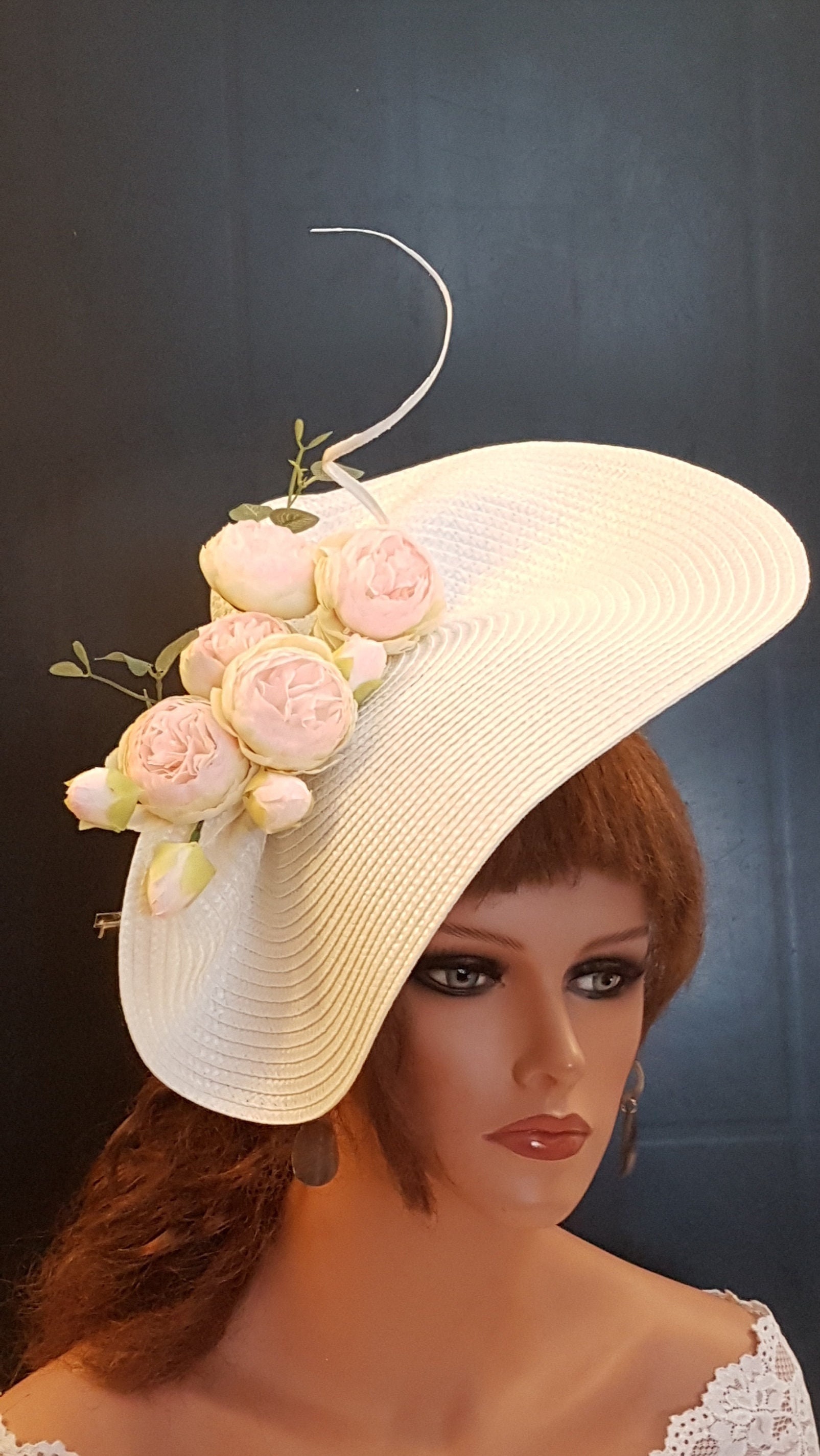Ivory Floral Feather Fascinator Hat with Pink Flower Blush Pink Floral Fascinator, Ivory Percher Hat Headpiece  main image 3