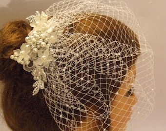 Birdcage veil, White, Ivory bridal birdcage veil,Bridal Lace fascinator, Diamonte Pearl  Blusher veil, Wedding hair accessory, face veil 2PC