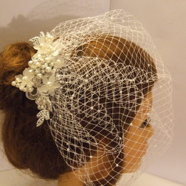 Birdcage veil, White, Ivory bridal birdcage veil,Bridal Lace fascinator, Diamonte Pearl  Blusher veil, Wedding hair accessory, face veil 2PC