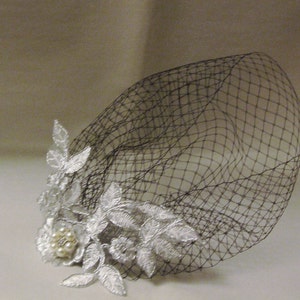 Bird cage veil Wedding bird cage veil SILVER thread lace fascinator, Silver, Black, White & Ivory French net Blusher Veil, crystal or Pearl image 3