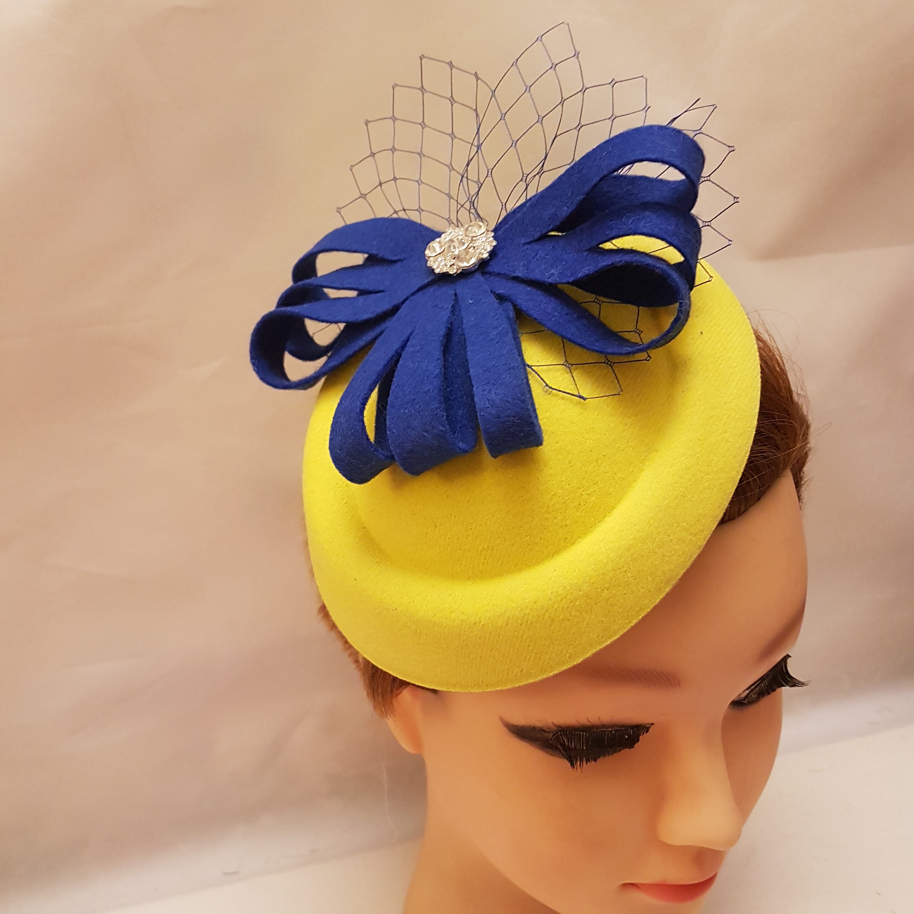 Yellow Pillbox Hat Fascinator: Royal Blue Felt Bow, Crystal  display picture 3