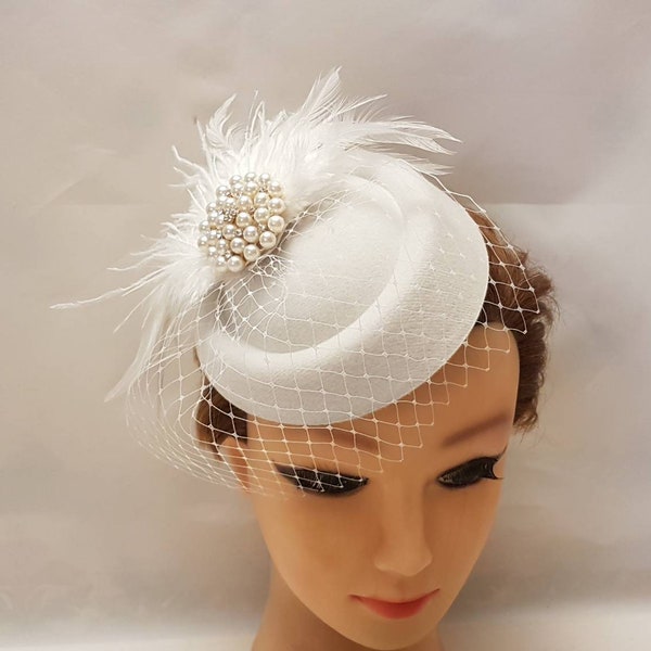 Bridal bird cage veil fascinator #Feather hat fascinator White,Ivory fascinator Blusher Veil Womens Wedding Pillbox hatinator,Hair accessory