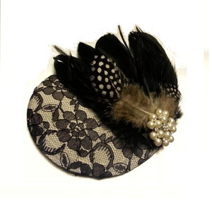 Hat fascinator, Black  feather facinator 40s50s  Black & White Fascinator, Feather Hairpiece Wedding  Cocktail Prom hat, Hair Accessories