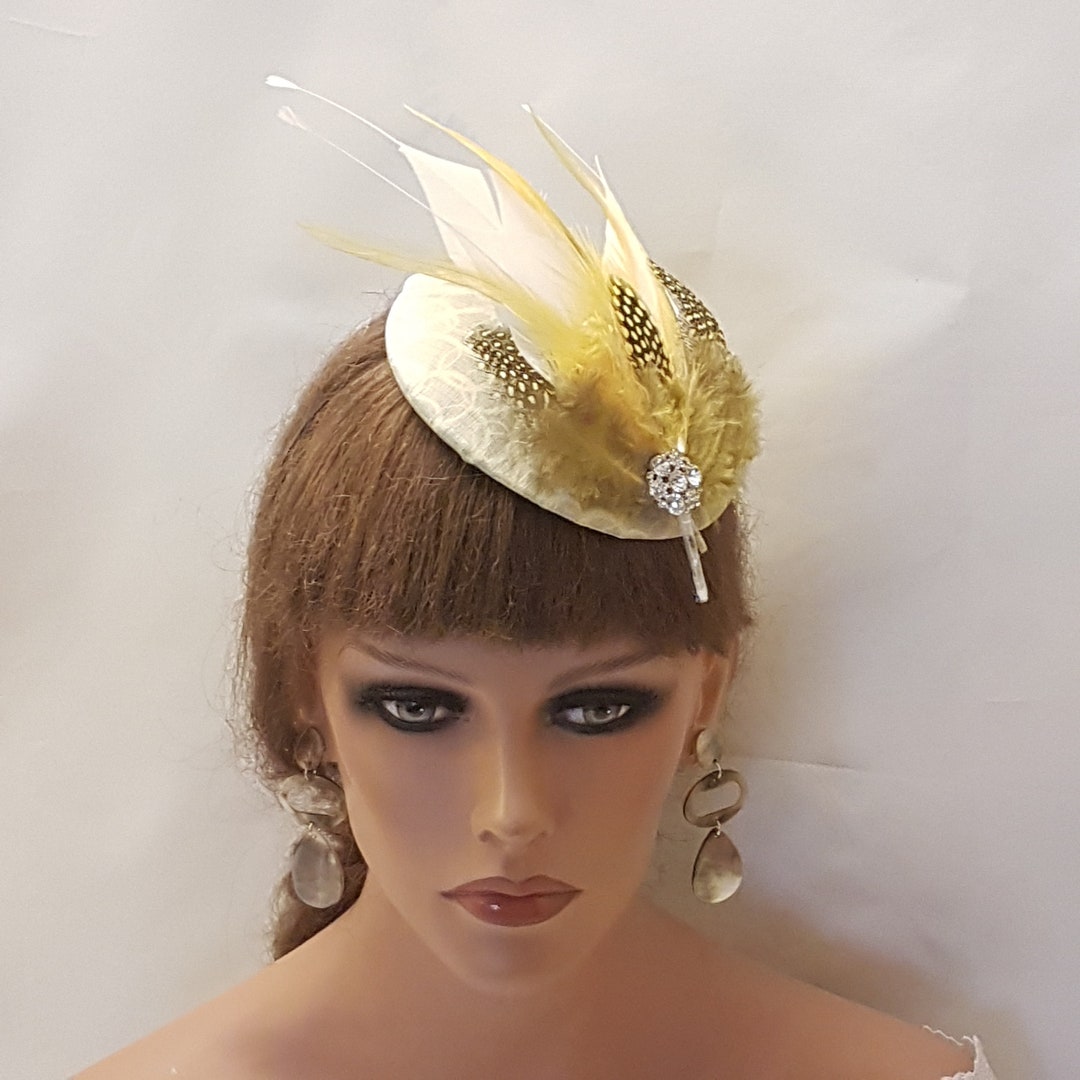SAGE GREEN HAT Fascinator With Spotted Mustard Gold Feathers and White Feathers. Wedding,race
