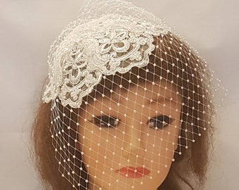 Bird cage veil,Bridal Juliet cap veil,Bridal beaded  headpiece, Bridal fascinator,Weddings Accessory, Russian veil, french veil,Blusher veil