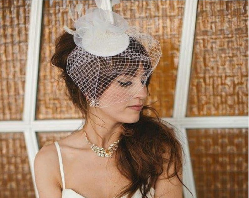 white or Ivory birdcage veil with hat fascinator