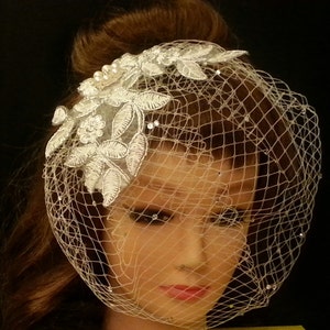 Bird cage veil Wedding bird cage veil SILVER thread lace fascinator, Silver, Black, White & Ivory French net Blusher Veil, crystal or Pearl image 4