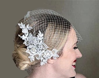 Bridal Birdcage veil. White,Ivory bridal veil. Bridal Lace fascinator.Diamonte Pearl Blusher veil,Wedding hair accessory - EleganceHatinator