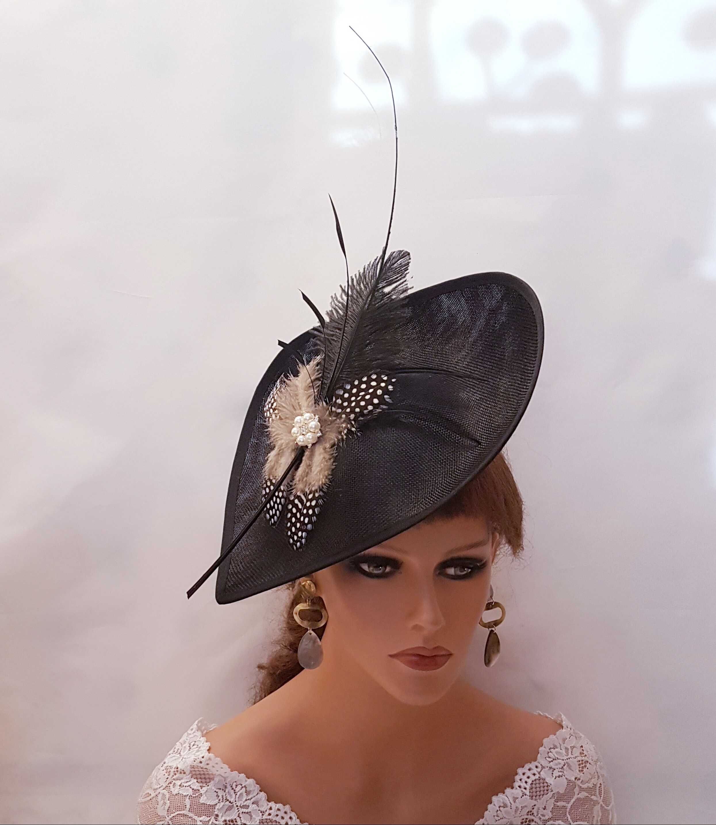 Natasha Black Fascinator Feather Headband Hat Elegant Black Beaded Fascinator Hat With Feathers and Veil  main image 2
