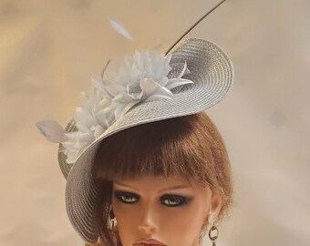 Silver Grey Fascinator Hat: Quill Feather Floral Derby 