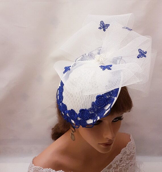 Blue Floral Embroidery Fascinator: Ivory Wedding Ascot Hat  display picture 1