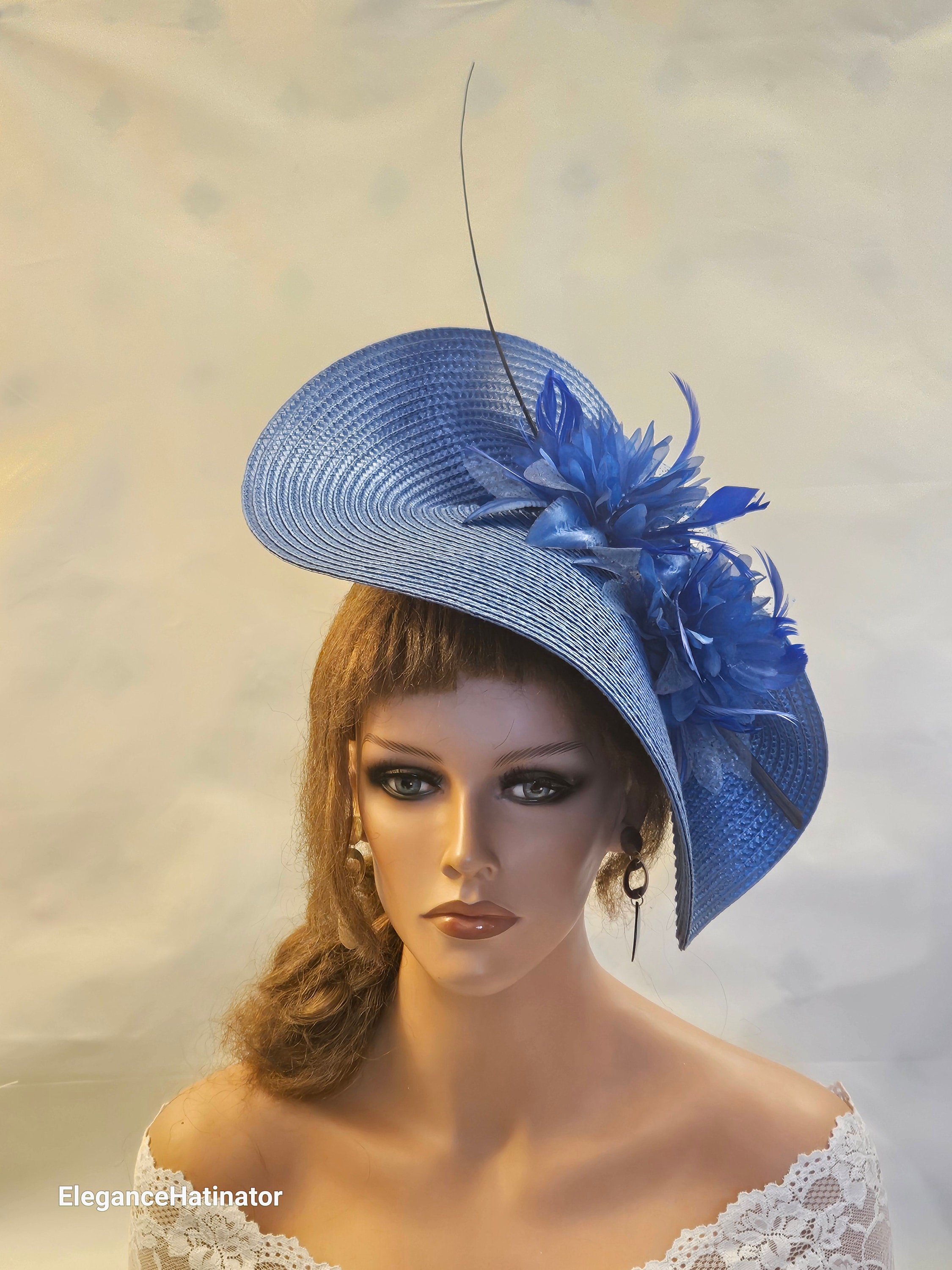 2227 Wedding European Hat, Fascinator And Glovess Royal Blue, Hat Lemon Butter Yellow off White Ivory Ecru Saucer Disc  main image 3