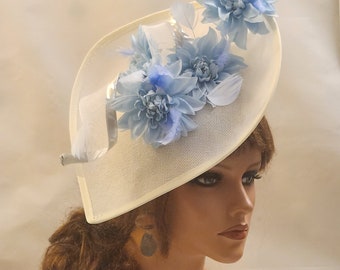 WHITE/ BLUE Fascinator Hat #WHITE Teardrop hatinator long Swril Floral Church Derby Ascot Wedding Party Mother of Bride/Groom Fascinator Hat