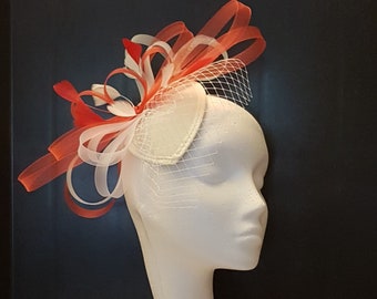 Fascinator, RED & WHITE Teardrop Hat fascinator Mini VEIL #Red and White Ascot hat fascinator,Wedding, Race, Cocktail, Church hat fascinator