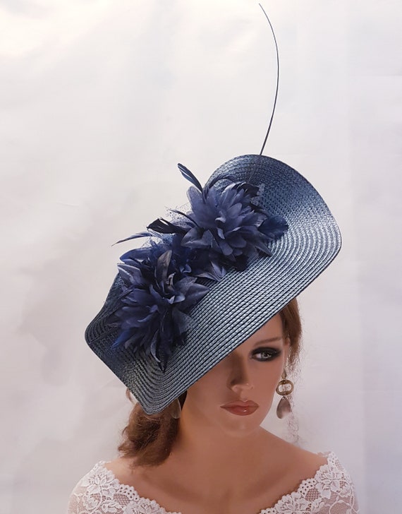 Navy Blue Fascinator: Kentucky Derby Wedding Hat With Quill  display picture 3