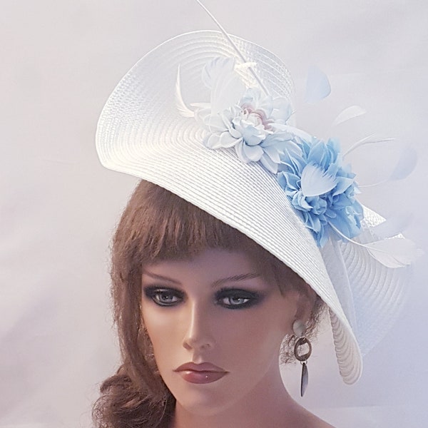 White & Blue fascinator large saucer hatinator Quil Floral Church Derby Ascot Race Wedding TeaParty hat Mother of Bride/Groom Hat Fascinator