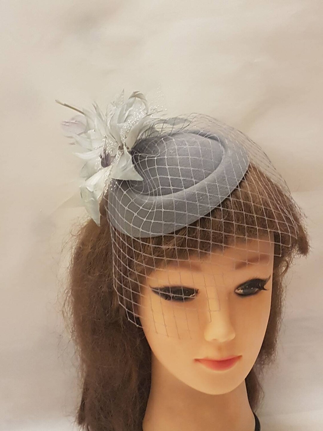 Hat Fascinator Birdcage Veil Hat Fascinator Silver Grey Feather Flower