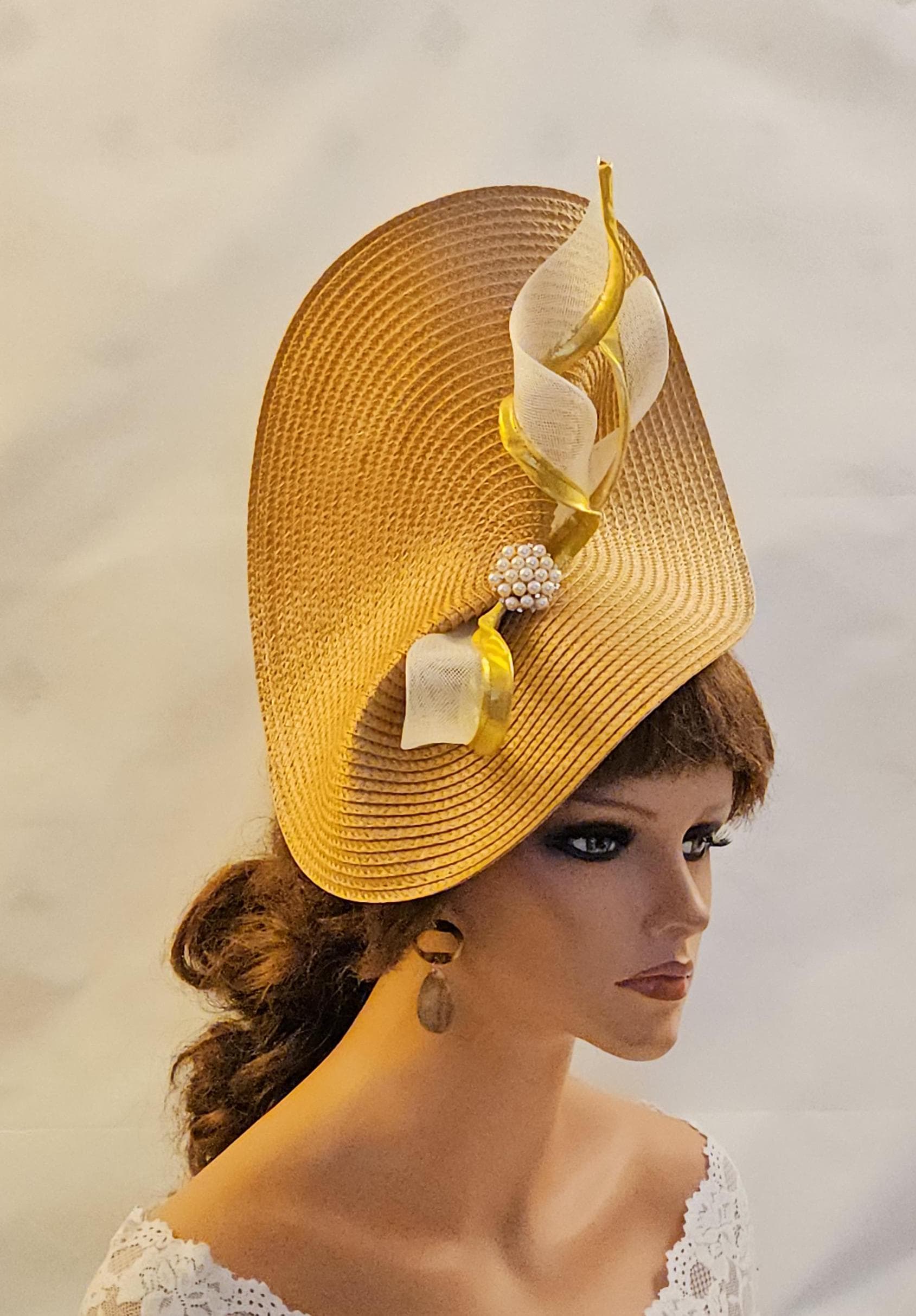 Mustard Gold Fascinator Hat: Pearl Cluster Crin Swirl, Derby  display picture 1