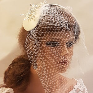 BRIDAL FASCINATOR,WHITE or Ivory wedding fascinator. 2Pc set Bridal birdcage veil & Asymatrical hat Wedding Hair Accessory EleganceHatinator