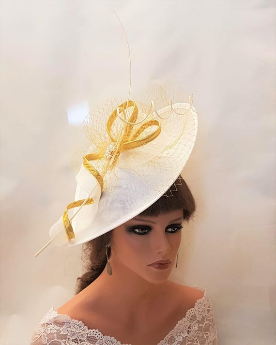 green emerald velvet dress Gold Fascinator on Headband with Ruched Sinamay & Loops main image 1