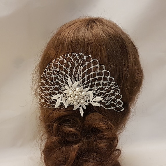 Bridal Hair Clip, Bridal Metalic SILVER French Netting Hair  display picture 2