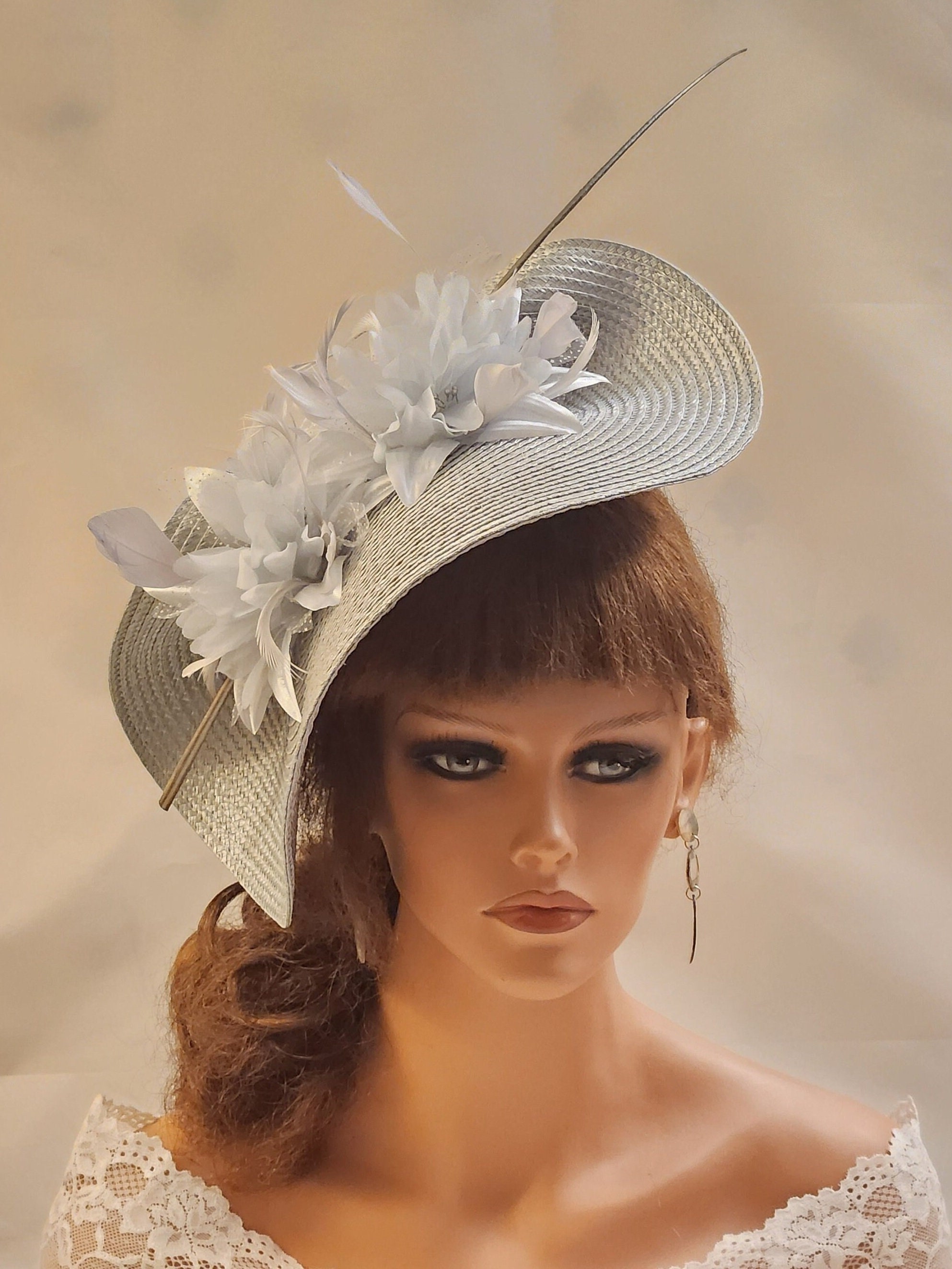 Silver Grey Fascinator Hat: Quill Feather Floral Derby 