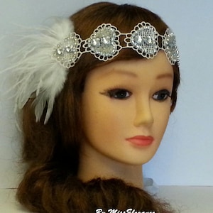 1920s Flapper Headpiece, Bridal Gatsby Headband Crystal Beaded Heart Motif forehead Headband Vintage 1920&#39;s-40&#39;s sparkly Feather headband