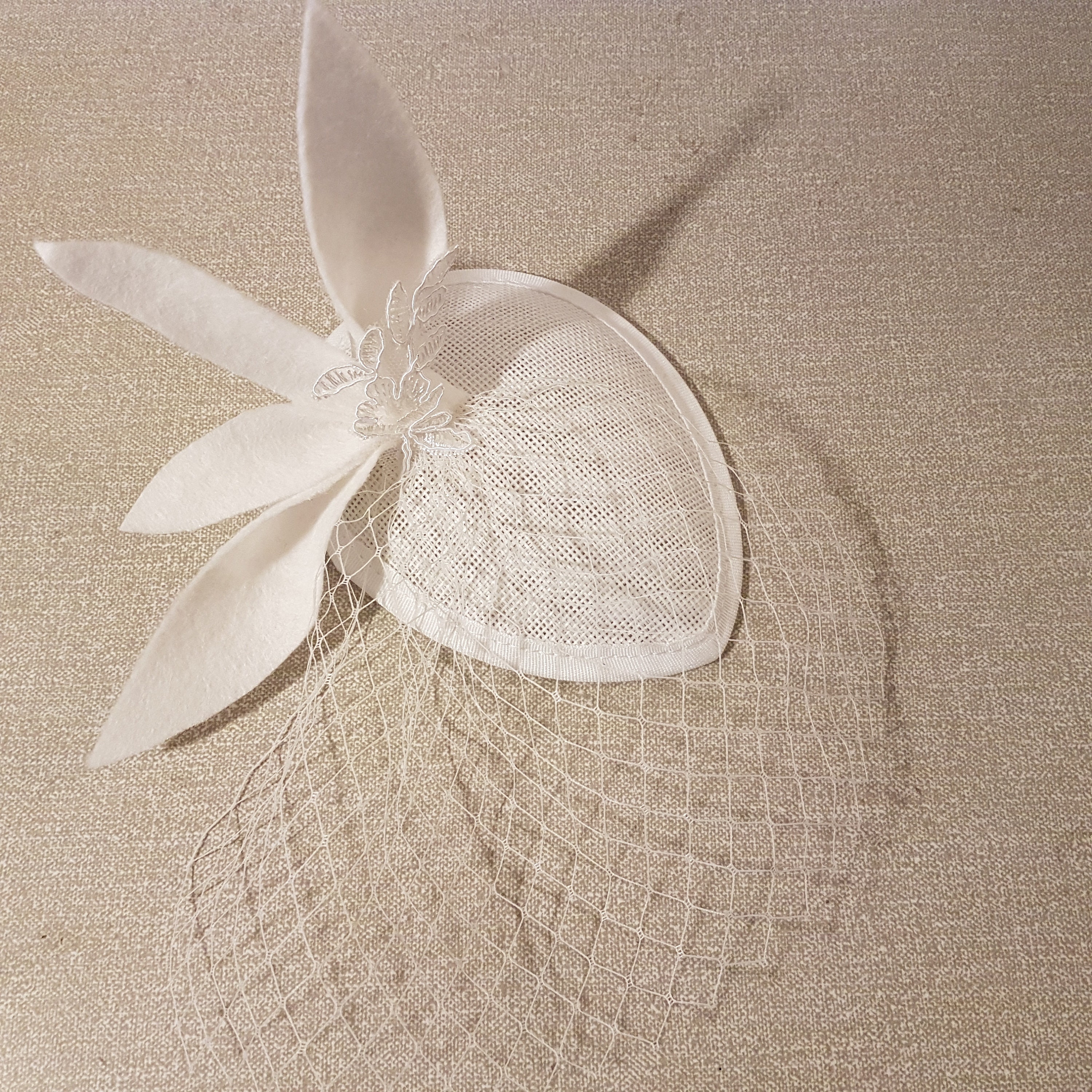 Bridal Fascinator: White Mini Hat with Felt Leaves