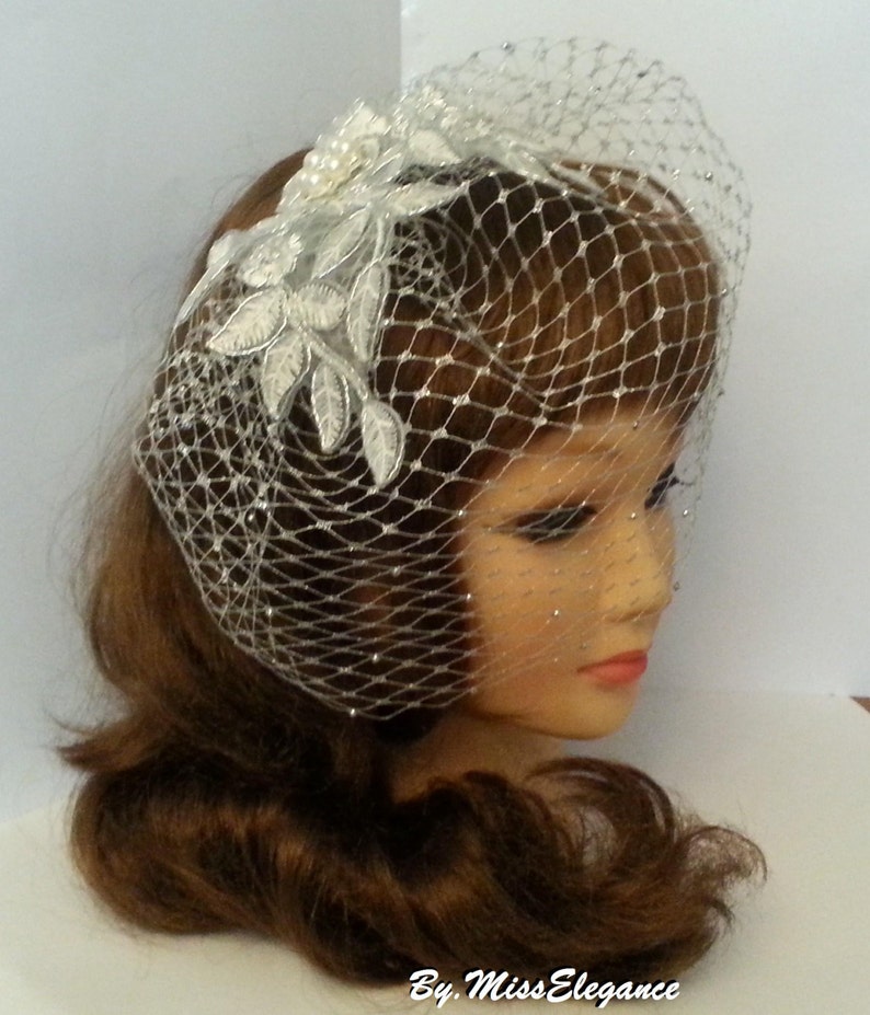 Bird cage veil Wedding bird cage veil SILVER thread lace fascinator, Silver, Black, White & Ivory French net Blusher Veil, crystal or Pearl image 1