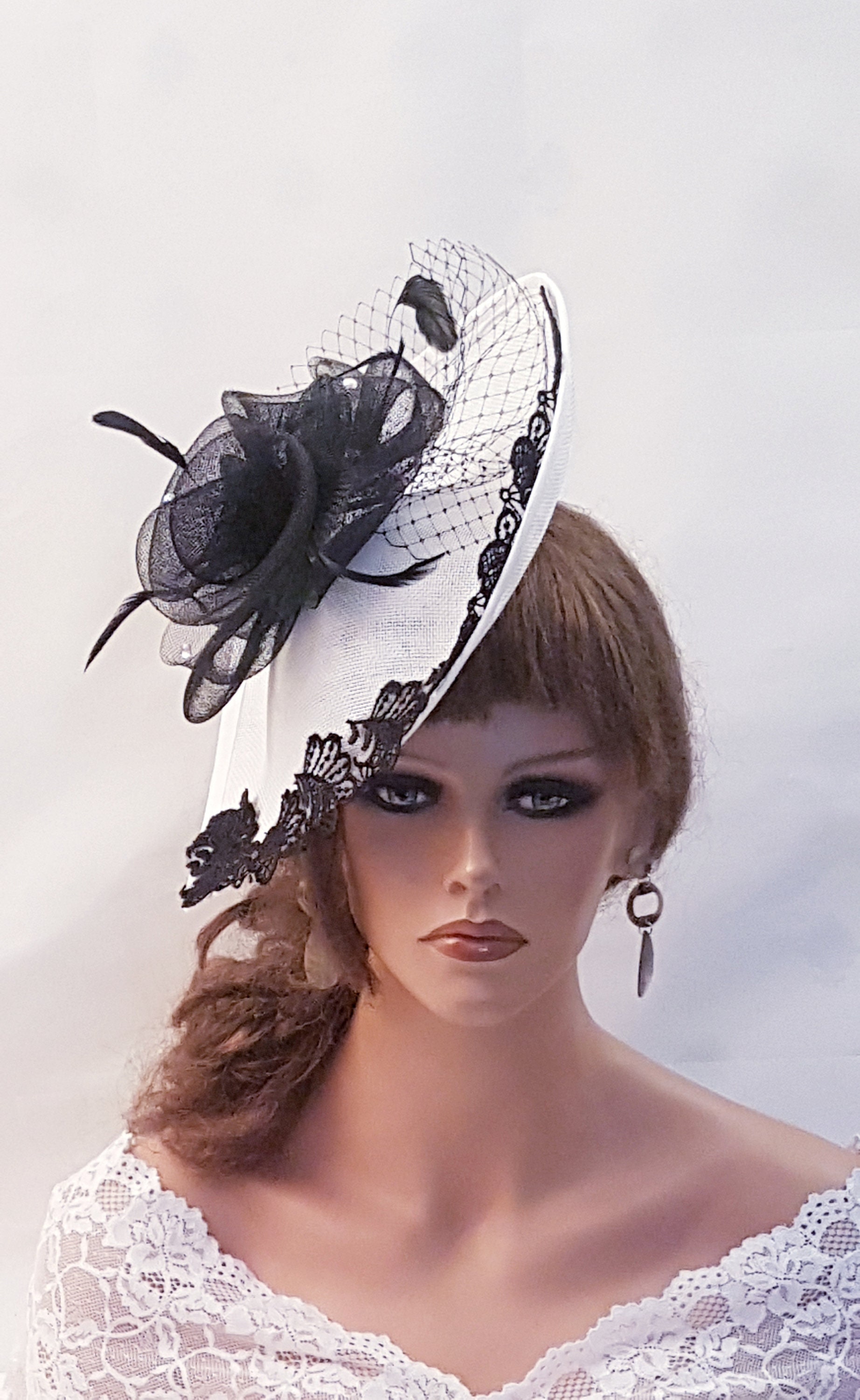 Black & White Fascinator Hat: Lace, Feather Derby Headpiece 
