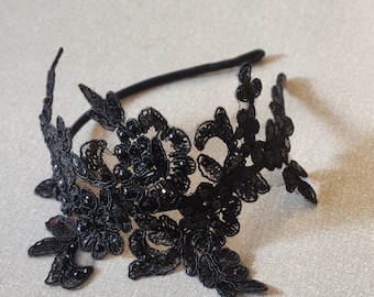 Black Lace Fascinator Headband: Vintage Cocktail Party Headpiece