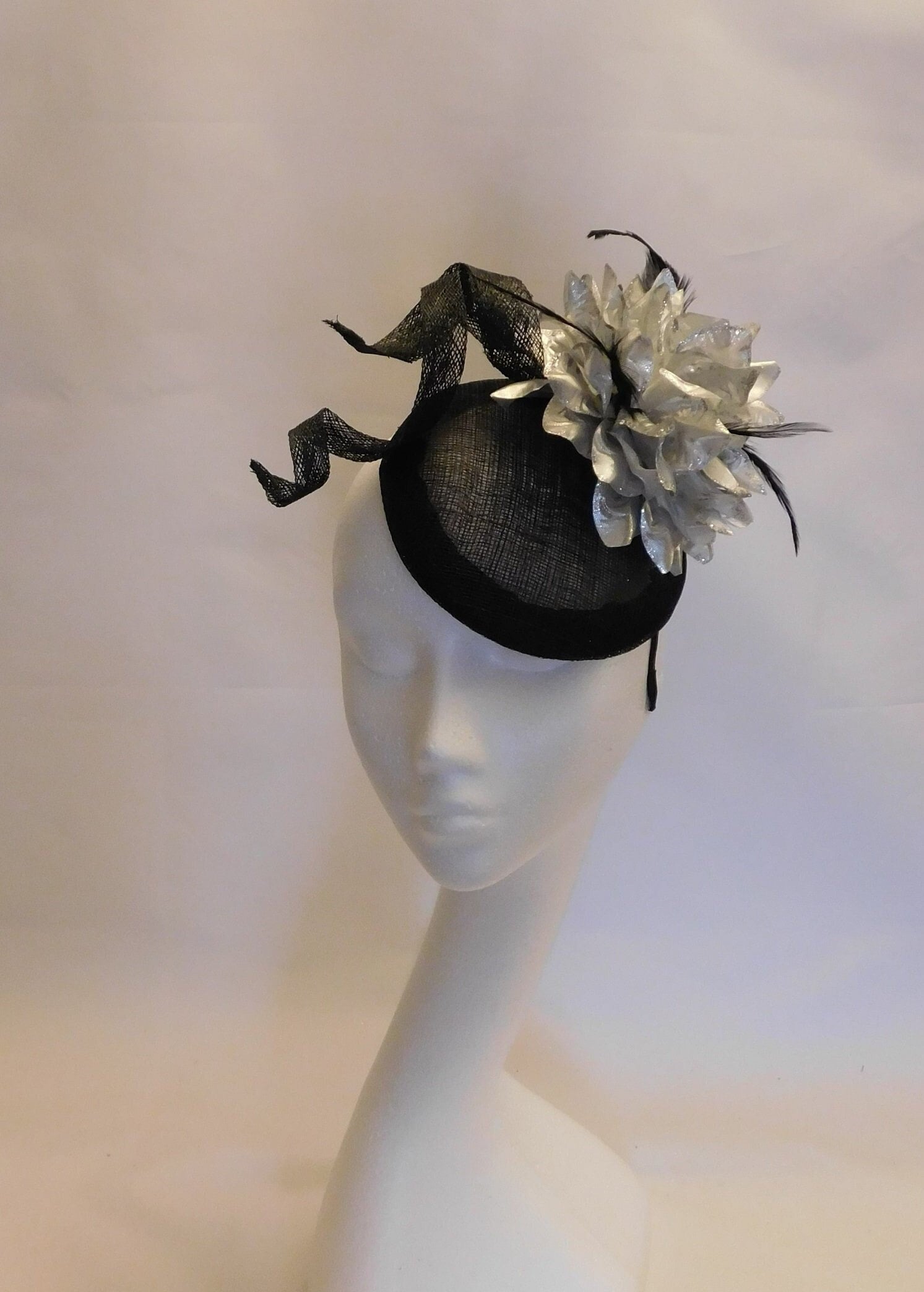 Black and Silver Hat Flower Hat Fascinator, #BLACK Wedding 