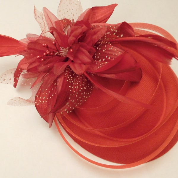 RED FASCINATOR, 40s 50s RED Hat fascinator #Red  Feather hat fascinator,  Race,Cocktail,Ladies day,Ascot hat Red feather flower hat